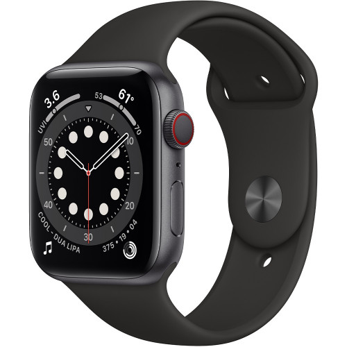 Apple Watch Series 6 GPS + Cellular 44mm Space Gray Aluminum Case with Black Sport Band (M07H3, MG2E3)