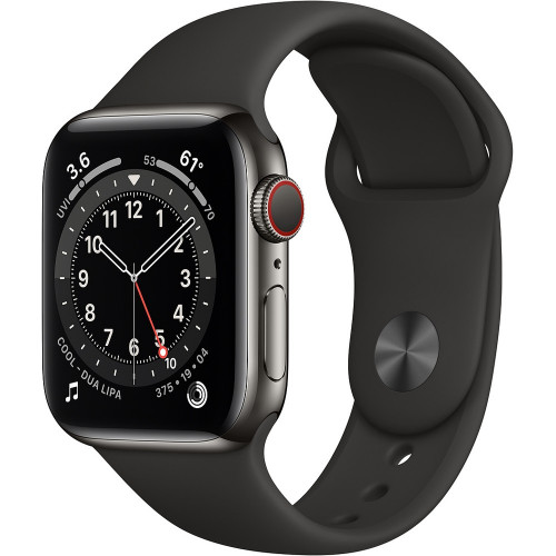 Apple Watch Series 6 GPS + Cellular 40mm Graphite Stainless Steel Case with Black Sport Band (M02Y3, M06X3)