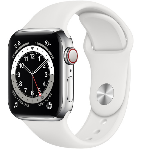 Apple Watch Series 6 GPS + Cellular 40mm Silver Stainless Steel Case with White Sport Band (M02U3, M06T3)