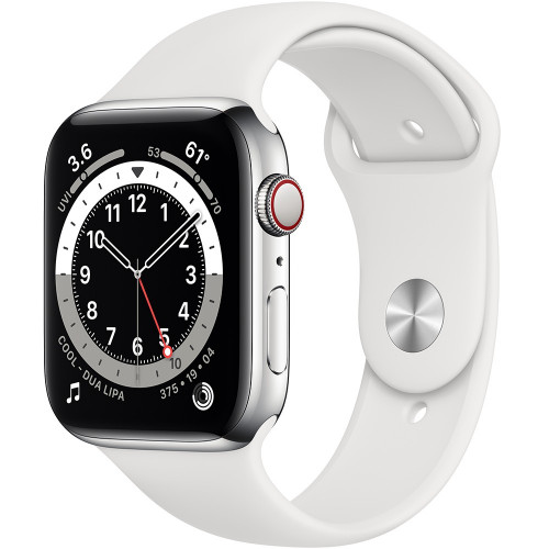 Apple Watch Series 6 GPS + Cellular 44mm Silver Stainless Steel Case with White Sport Band (M07L3, M09D3)