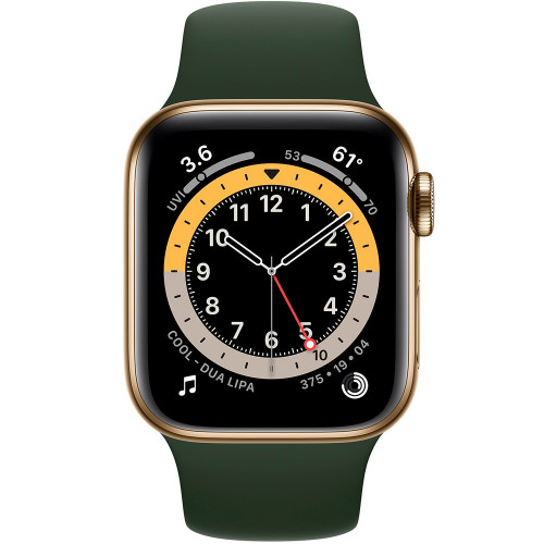 Apple Watch Series 6 GPS + Cellular 40mm Gold Stainless Steel Case with Cyprus Green Sport Band (M02W3, M06V3)
