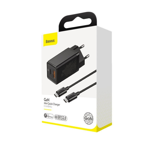 Baseus Mini Quick Charger 45W Type-C + USB with Mini Cable Type-C to Type-C 60W 1m Black (CCGAN-Q01)