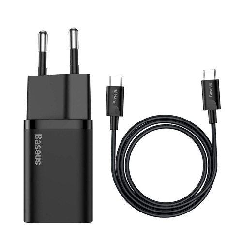 Baseus Super Silicone PD Charger 25W (1Type-C) + With Cable Type-C to Type-C 3A 1m Black (CCSUP-L01)