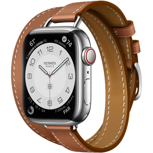 Apple Watch Hermes Series 7 GPS+Cellular 41mm Silver Stainless Steel Case with Gold Swift Attelage Double Tour (MKLY3)