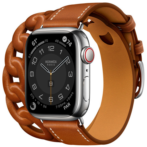 Apple Watch Hermes Series 7 GPS+Cellular 41mm Silver Stainless Steel Case with Fauve Barénia Gourmette Double Tour (MKLK3)