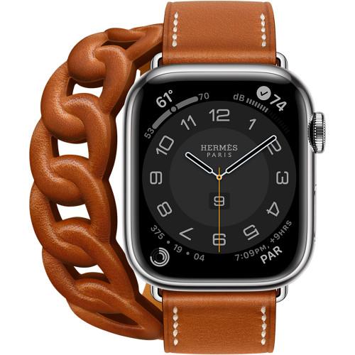 Apple Watch Hermes Series 7 GPS+Cellular 41mm Silver Stainless Steel Case with Fauve Barénia Gourmette Double Tour (MKLK3)