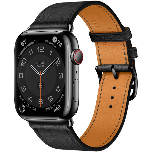 Apple Watch Hermes Series 7 GPS+Cellular 45mm Space Black Stainless Steel Case with Noir Swift Leather Single Tour (MKL73)
