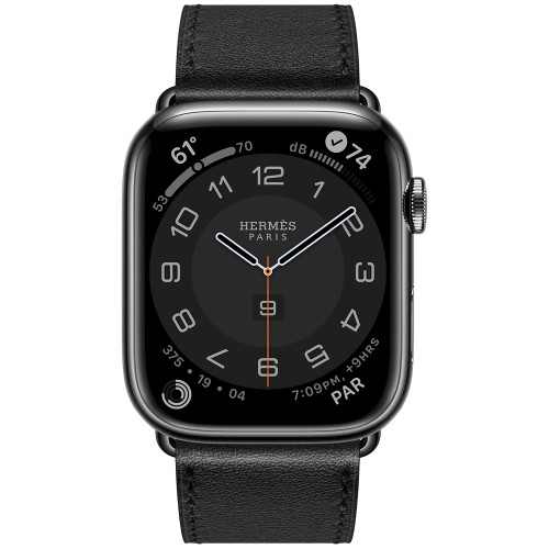 Apple Watch Hermes Series 7 GPS+Cellular 45mm Space Black Stainless Steel Case with Noir Swift Leather Single Tour (MKL73)