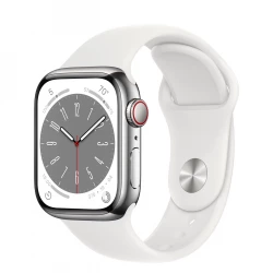Apple Watch Series 8 GPS + Cellular 45mm Silver S. Steel Case w. White S. Band (MNKE3)
