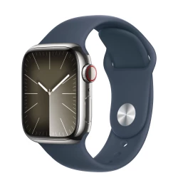 Apple Watch Series 9 GPS + Cellular 41mm Silver S. Steel Case w. Storm Blue Sport Band - M/L (MRJ33)