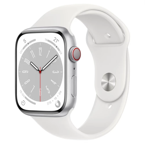 Apple Watch Series 8 GPS + Cellular 45mm Silver Aluminum Case with White Sport Band - M/L (MP4W3)