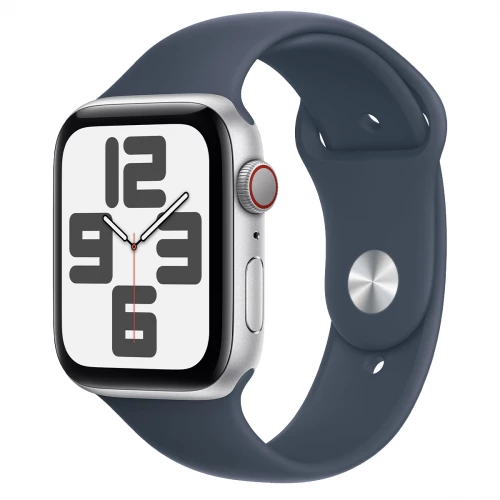 Apple Watch SE 2 GPS + Cellular 44mm Silver Aluminum Case w. Storm Blue Sport Band - S/M (MRHE3)