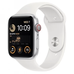 Apple Watch SE 2 GPS + Cellular 44mm Silver Aluminum Case with White Sport Band - M/L (MNU63)