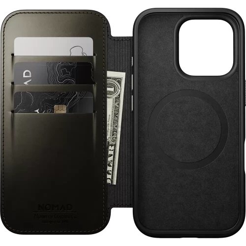 Чехол-книжка (кожаный) Apple iPhone 16 Pro NOMAD Horween® Modern Leather Folio with Magsafe Green Chrome