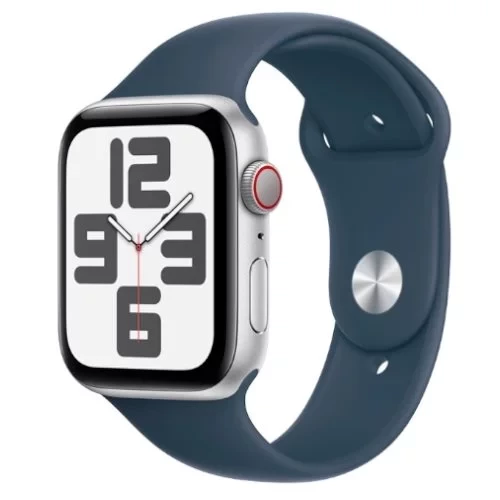 Apple Watch SE 2 GPS + Cellular 44mm Silver Aluminum Case w. Storm Blue Sport Band - S/M (MRHF3)