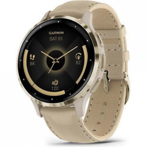 Garmin Venu 3S Soft Gold S. Steel Bezel w. French Gray Case and Leather Band (010-02785-55)