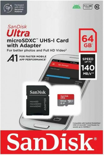 SanDisk 64 GB microSDXC UHS-I A1 Class 10 Ultra (SDSQUAB-064G-GN6MA)