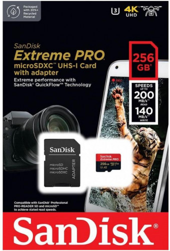 SanDisk 256 GB microSDXC UHS-I U3 Extreme Pro + SD Adapter SDSQXCD-256G-GN6MA
