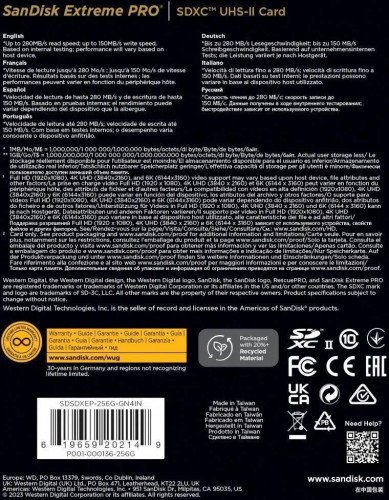 SanDisk 256 GB SDXC Extreme Pro UHS-II U3 V60 Class 10 (SDSDXEP-256G-GN4IN)