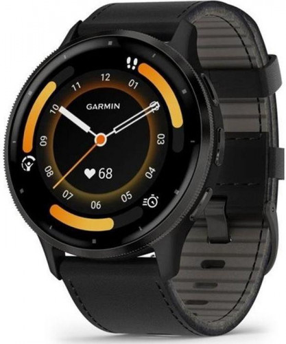 Garmin Venu 3 Slate S. Steel Bezel w. Black Case and Leather Band (010-02784-52/02)